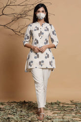 Natural Cotton Flex Printed High Low Kurta With Mask